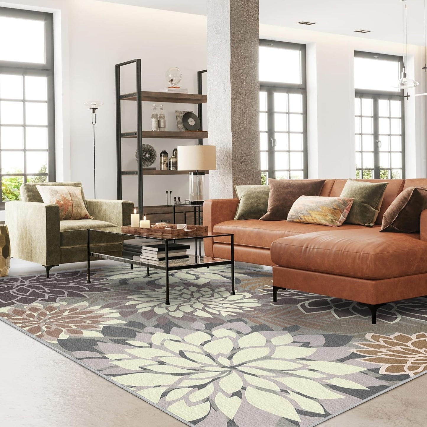 Indoor Outdoor Area Rug Washable Multicolored Patio Rug Tropical Botanical Modern Floral Indoor Outdoor Carpet Brown White Rug Non Slip Non Shedding for Patio, Deck, Backyard, Porch (9x12)