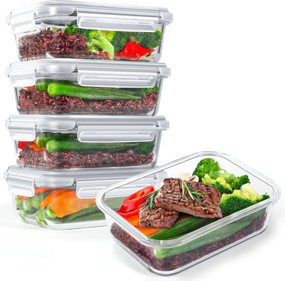 5-Pack 35 oz Borosilicate Glass Food Storage Containers with Lids, Stackable Airtight Glass Meal Prep Containers for Lunch & Leftover, BPA-Free & Leak Proof, for Microwave, Oven, Dishwasher