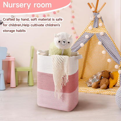 CLHMILY&Z 75L Laundry Hamper Rectangular Pink Rope Basket - 16x13x22 Inches - Dirty Clothes Storage Soft Organizer Bin for Blankets, Toys, and Nursery Essentials