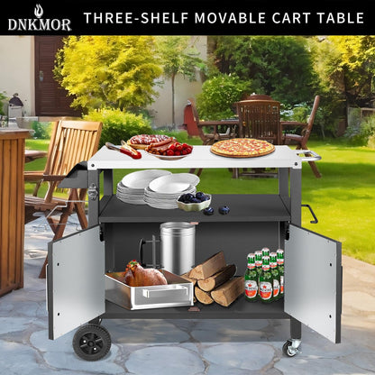 Dining Cart Table with Big Storage Cabinet, Movable Outdoor BBQ Grill Table Pizza Oven Stand, Kitchen Cart Island Multifunctional Food Prep for Inside and Outside