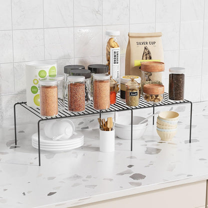 Expandable Storage Shelf, Pantry Organizers and Storage, Adjustable Rustproof Metal Wire Spice Rack, Space Saver Kitchen Storage Shelves for Pan, Pot, Countertop, Drawer, Fridge, Set of 6, Black