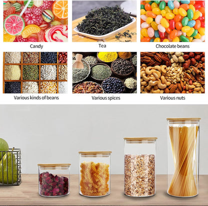 SIXAQUAE Glass Food Storage Containers Jar Seal Bamboo Lids 4 Packs 600ml Airtight Canister Organization Sets Stackable…