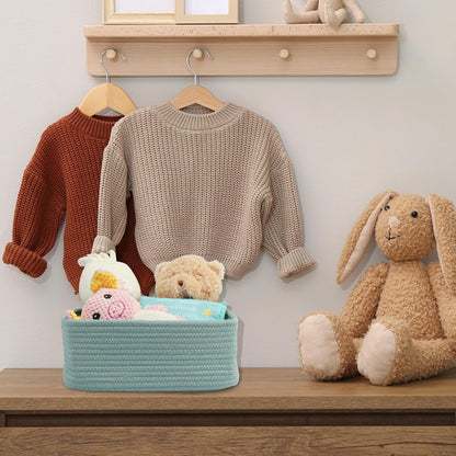 Small Woven Storage Baskets 13“X9”X5“ Decorative Rope Bins for Organizing Shelves, Closets, and Toys, Empty Gift Baskets, Cute Organizer Basket for Home and Office (green, Large)