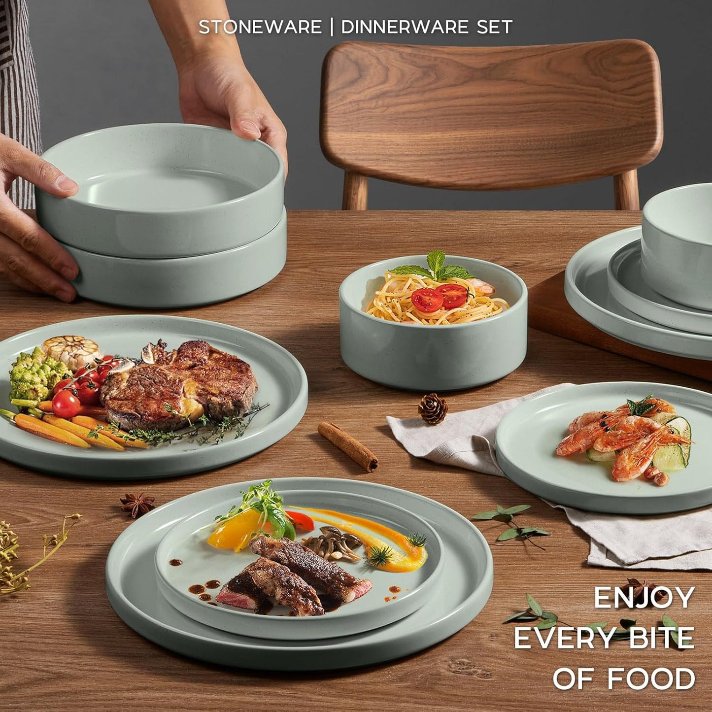 Onader Stoneware Dinnerware Sets for 6 with Double Bowl, 24 Piece Plates and Bowls Dish Dinner Set, Speckled Kitchen Dishware Tableware – Pale Sage Green