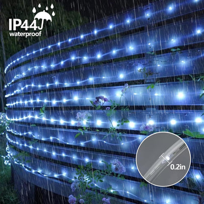 YEGUO 2 Packs Each 33ft 100 LED Solar Rope Lights Outdoor Waterproof, White String Lights for Outside, 8 Modes Fairy Lights in Clear Thin Tube for Camping Fence Patio Garden Trampoline Deck