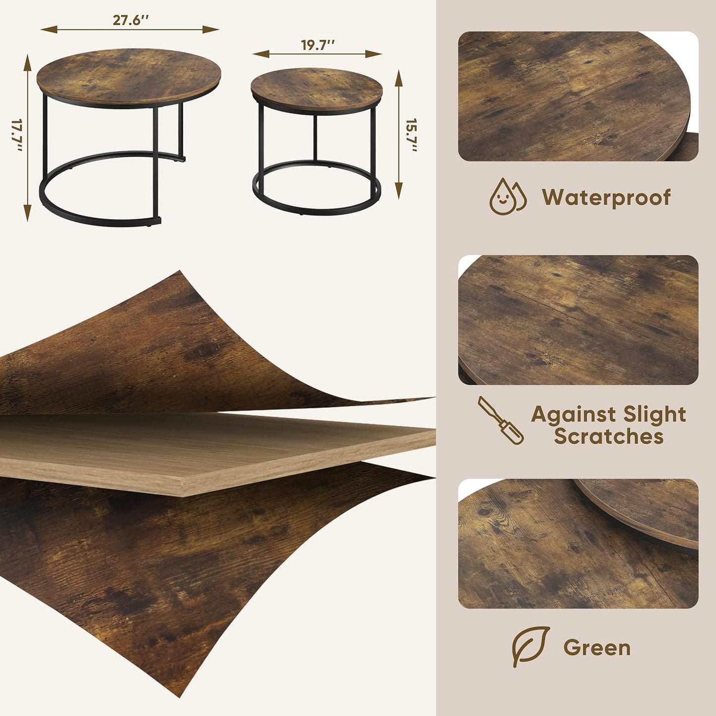 Smuxee Rustic Nesting Coffee Table Set of 2, 27.6" Round Coffee Table Wooden Marble Pattern with Adjustable Non-Slip Feet, Industrial End Table for Living Room Bedroom Balcony