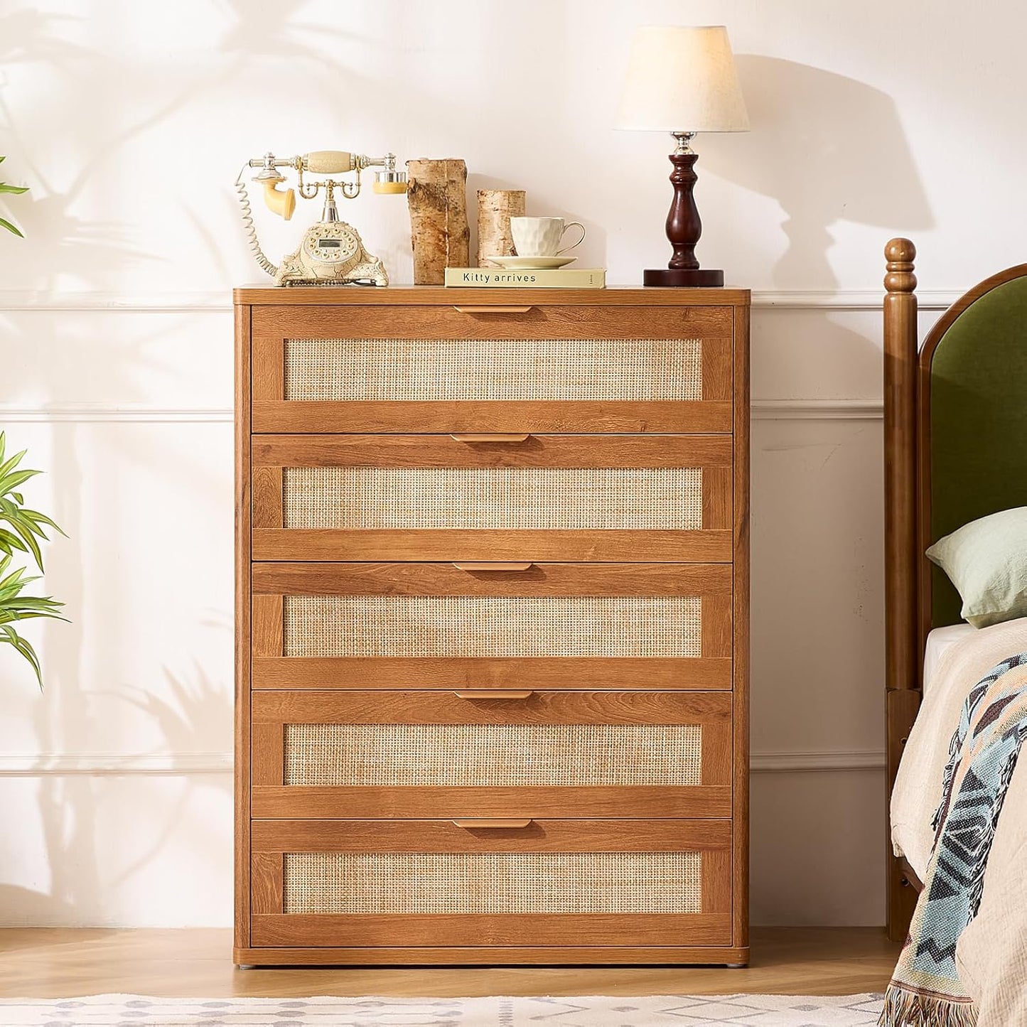 LEYAOYAO Rattan Dresser for Bedroom Set 2, 41" Tall Chest of Drawers, Modern 5 Drawers Boho Dressers with Storage, Light Oak Dresser Wooden Closet Organizer for Living Room, Hallway, Tea Brown