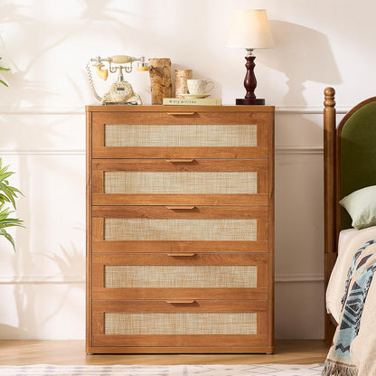 LEYAOYAO Rattan Dresser for Bedroom Set 2, 41" Tall Chest of Drawers, Modern 5 Drawers Boho Dressers with Storage, Light Oak Dresser Wooden Closet Organizer for Living Room, Hallway, Tea Brown