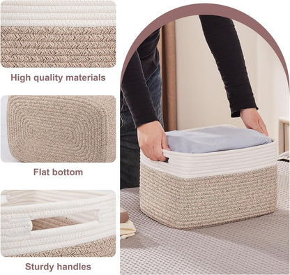 OIAHOMY 4 Pack Storage Baskets for Organizing, Basket for Shelves with Handle, Woven Baskets for Storage Toys, Towels, Books, Cotton Rope Basket 13" L x 9 " W x 7.8 " H, Brown & White