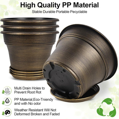 16 inch Plant Pots Outdoor Planters，4 Pack Large Plastic Flower Pot for Indoor Plants with Drainage Holes & Saucer, Resin Decorative Container Sets with Trays for House Outdoor Garden Plant Dark Gold