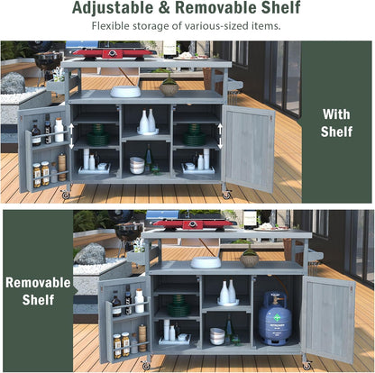 50.25" Outdoor Kitchen Island with Rolling Bar Cart & Storage Cabinet, Farmhouse Solid Wood Grill Table with Stainless Steel Top, Spice Rack & Towel Rack for Kitchen & BBQ (Grey Blue)