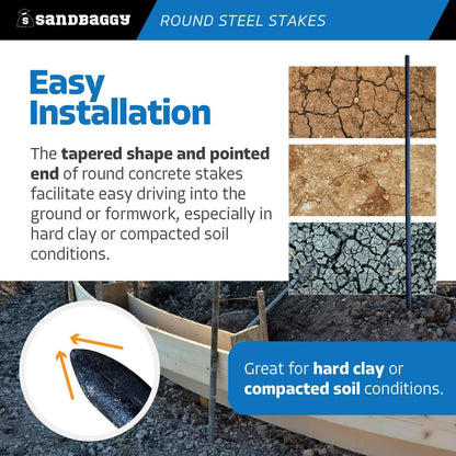 Sandbaggy Round Steel Concrete Form Stakes with Nail Holes - Rust Resistant Coating - Removable, Reusable (100, 3/4 in X 36 in)