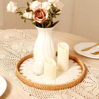 Round Rattan Tray with Mother of Pearl Inlay & Wooden Base - Decorative Wicker Serving Tray for Coffee/Bread/Fruits, Food Storage & Display - Multipurpose Home Decor (M,White Leaves)