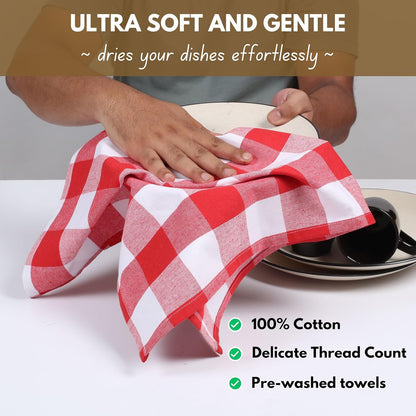 Native Fab 12-Pack Kitchen Towel with Hanging Loop 16x26 inches, Cotton Buffalo Check Kitchen Towels for Cleaning Drying, Washcloths Soft & Absorbent Cloth Rags, Bar Towel, Dish Cloth, Red