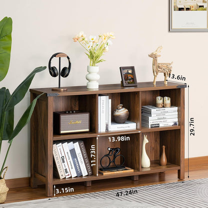 Farmhouse 6 Cube Book Shelf, Wood 3 Tier Storage Organizer Bookshelf, Brown Walnut 47" Horizontal Cubby Bookcase with Legs, Rustic Entryway Book Case, Long Display Cabinet for Bedroom, Office