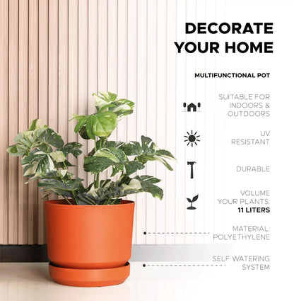 Elly Décor 12 inch Plastic Cylinder Planter Pot with Self-Watering Saucer and Drainage Hole,Lightweight & Extremely Durable, 12"x 12", Terracotta