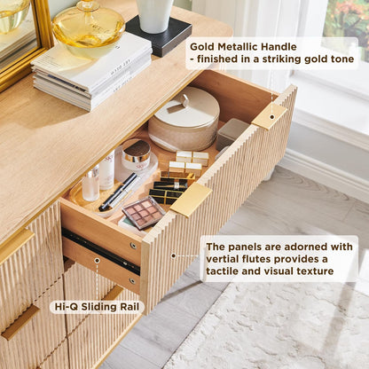 T4TREAM Fluted 6 Drawers Dresser for Bedroom, 54" Wide Modern Dresser TV Stand, Gold Accents, Fluted Fronts, Wood Storage Dressers Organizer for Bedroom, Living Room, Natural Oak