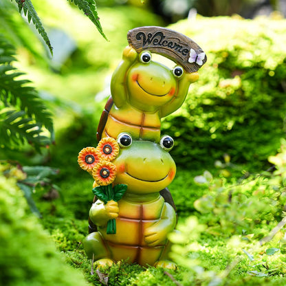 Garden Turtle Outdoor Statues, Solar Garden Statue Two Sweet Frog Face Turtles Decor with 3 LED Lights, Unique Art Resin Gifts for Patio Lawn Porch Yard