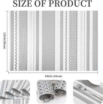 Vinyl Plastic Placemats Set of 6 Washable Heat Resistant Non-Slip Elegant Indoor Outdoor Kitchen Dining PVC Woven Table Place Mats (Dark Grey Striped Silver Wire)