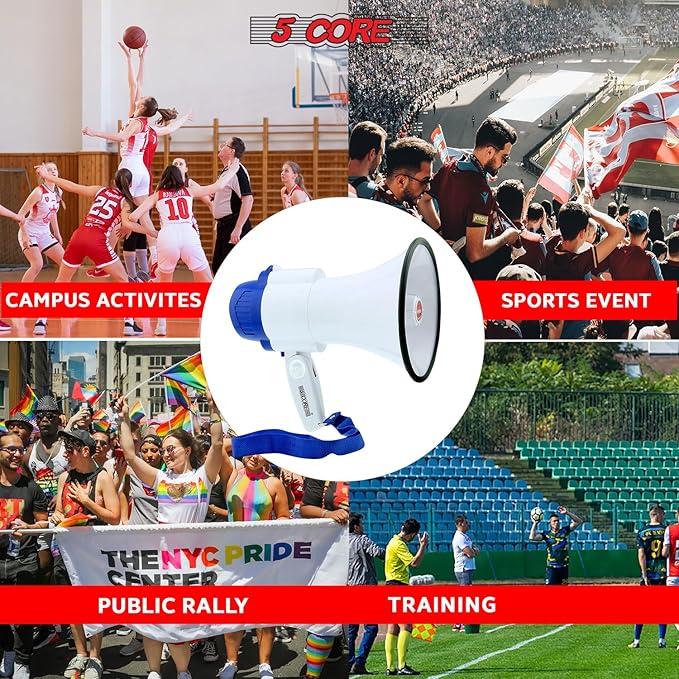 5 CORE Megaphone 30W Bull Horn PA Speaker w 800 Yards Range Loud Siren Voice Amplifier Lightweight Portable Megafono for Outdoor Sports Cheerleading and Coaches (8R-USB-WB)