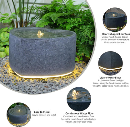 Water Fountain Outdoor Garden Heart Shaped Bubble Up Fountains Indoor Water Feature with LED Lights & Pump for Patio, Balcony, Courtyard, Terrace, Porch Decoration,15.75 Inch H