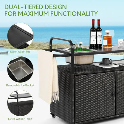 Wicker Outdoor Bar Cart with Ice Bucket, Patio Bar Table with 2 Ratten Doors Cabinet and Casters for Grill, Kitchen and Garden,Black