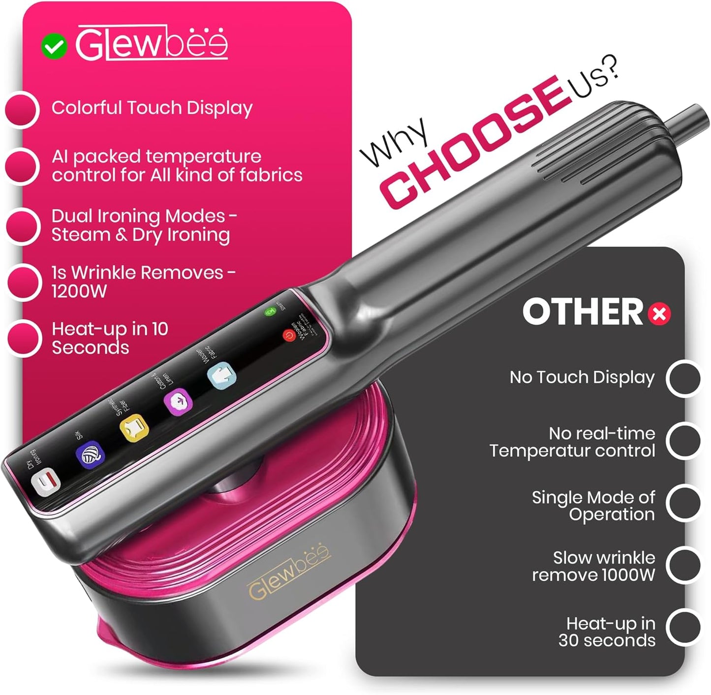 Portable Clothes Steamer, 1200W Touch Screen Handheld Steamer for Clothes, 1s Powerful Wrinkle Remover, All Fabric Modes, Dry & Steam Ironing for Home & Travel, 10s Fast Heat-up-Gray