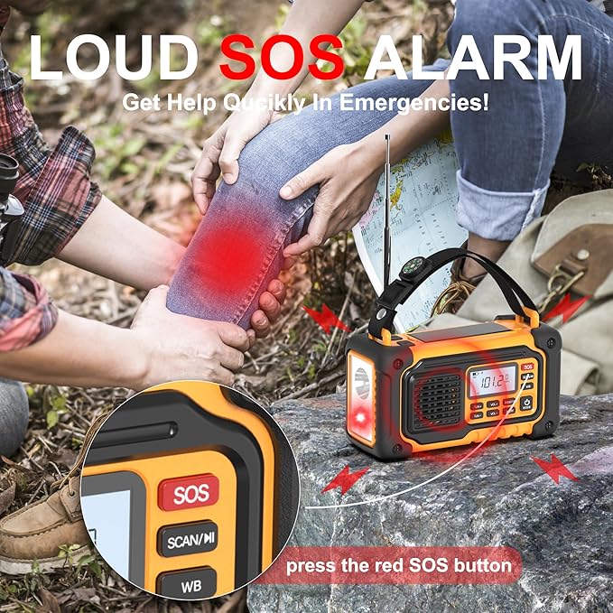 Emergency Weather Radio, AM/FM/SW/NOAA Hand Crank Radio with 37000mWh/10000mAh Portable Large Capacity, USB/Solar/Hand Crank Charging, AAA Battery Operated, SOS Alarm & Flashlight (Yellow)