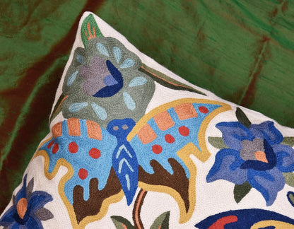 Butterfly Floral Decorative Pillow Cover Moth Botanical Flower Pillowcase Couch Hand Embroidered Flowery Outdoor Cushion Chair Suzani Accent Wool 18x18 Inch