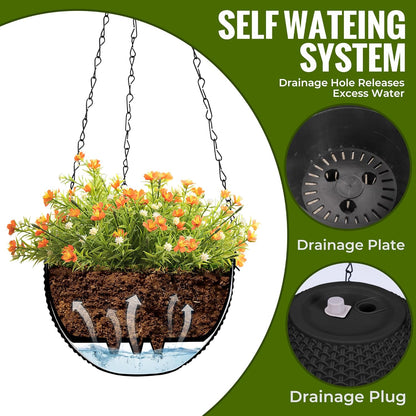Hanging Baskets for Plants Outdoor - 2 Pack Black Plastic Solar Flower Pots with Drainage Holes & Removable Saucer, Self-Watering Hanging Planters for Garden, Porch, Balcony, Patio