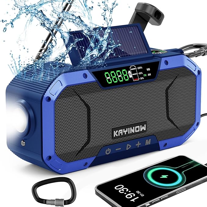 Hand Crank Emergency Weather Radio Solar Power with AM FM NOAA,Wind Up Flashlight,Cell Phone Charger, 5000mAh Rechargeable Battery,SOS Alarm,Portable,Waterproof,for Survival,Storm and Power Outage