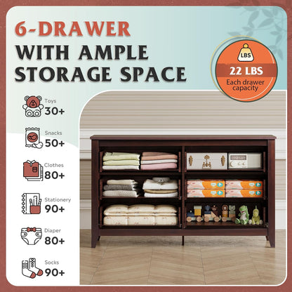 WLIVE Wood Dresser for Bedroom, Double 6 Drawer Dresser with Metal Handle, Large Wooden Chest of Drawers for Living Room, Hallway, Closet, Rustic Brown