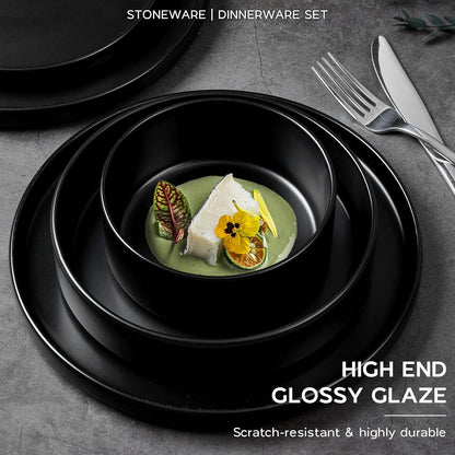 Onader Stoneware Dinnerware Set for 2 with Pasta Bowl, 8 Piece Plates and Bowls Dish Dinner Set, Microwave & Dishwasher Safe - Ebony Black