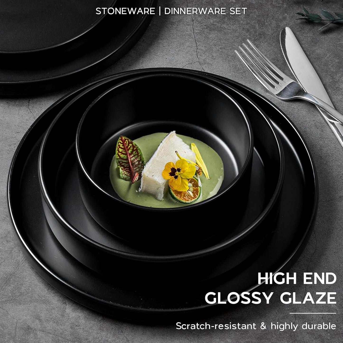 Onader 16 Piece Dinnerware Sets with Serving Bowls for 4, Stoneware Plates and Bowls Dish Sets, Ceramic Dinner Ware Dishware for Kitchen Dining, Chip & Scratch Resistant - Ebony Black