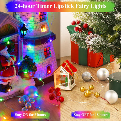Lipstick LED Fairy Lights Battery Operated, Mini Twinkle Lights with Timer, Rechargeable String Lights for Bedroom, Christmas Decorations, Wedding, Vine, Centerpiece Table Decor (10M/33FT Multicolor)