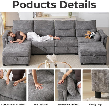 132'' Oversized Modular Sectional Sofa, U Shaped Comfy Sectional Couch with Large Storage, 6 Seat Chenille Deep Seat Cloud Sofa with 2 Throw Pillows for Living Room,Grey