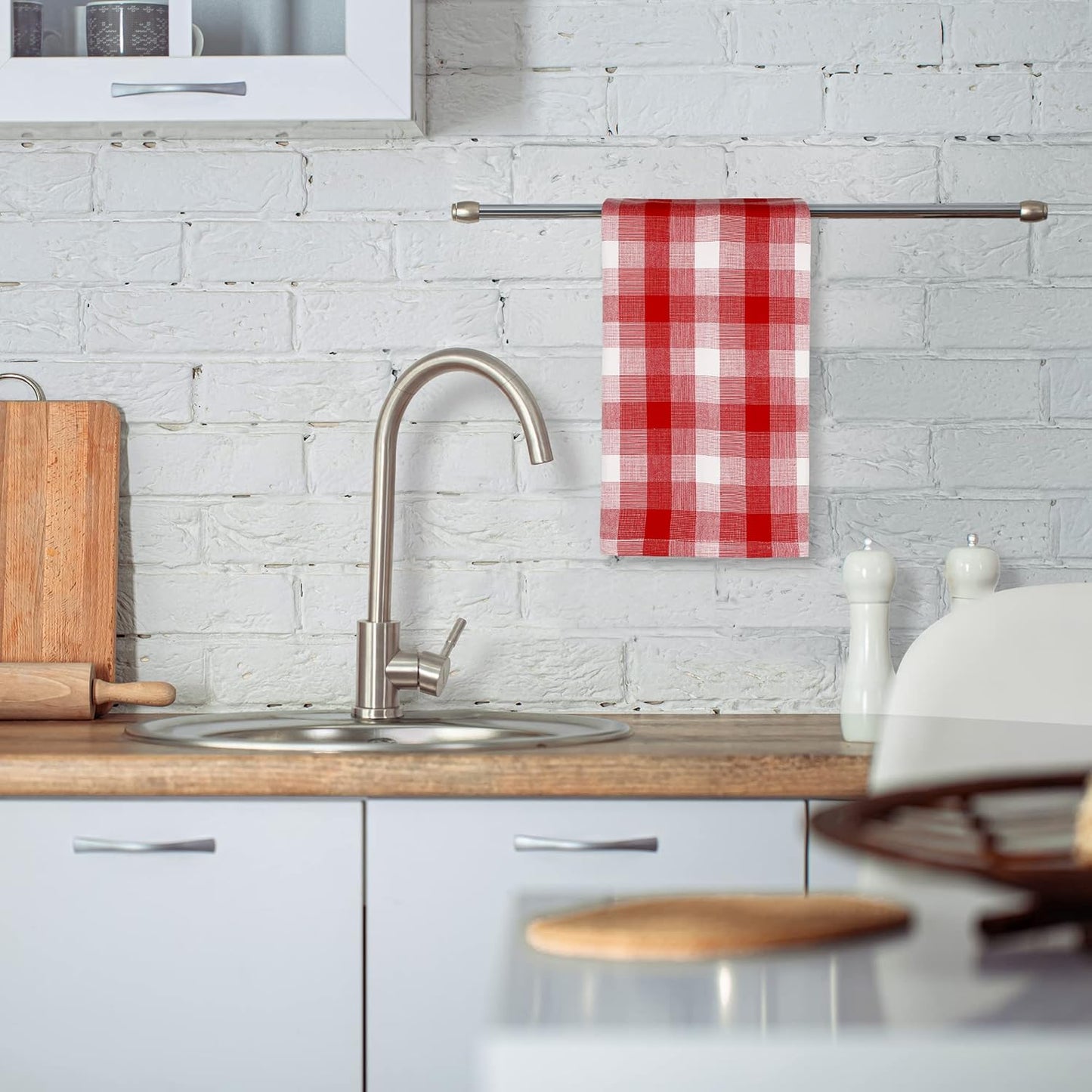 Kitchen Towels Set of 6 Soft Premium Cotton Highly Absorbent Dish Towels 20X30 Inches, Washable & Reusable Tea Towel, Quick Drying Dish Cloths for Cleaning Dishes - Red/White, Checks