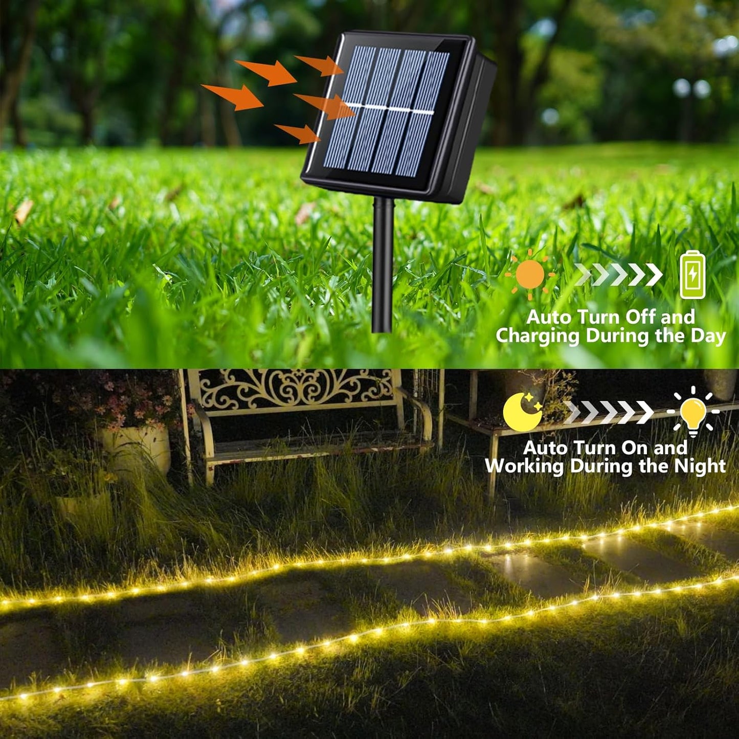YEGUO 2 Packs Each 33ft 100 LED Solar Rope Lights Outdoor Waterproof, Warm White String Lights for Outside, 8 Modes Fairy Lights in Clear Thin Tube for Camping Fence Patio Garden Trampoline Deck