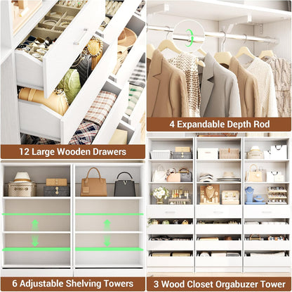 Aheaplus Closet System Set of 3, 138.5" Wood Closet Organizer System Tower with 12 Drawers & 4 Hanging Rods, 6.7+4.85Ft L Shaped Walk-in Closets Wardrobe Organizer Garment Rack with Shelves, White