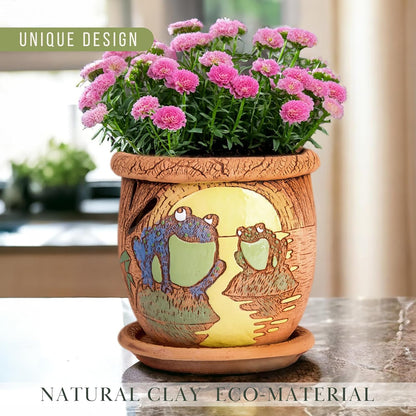 Ceramic Pot with Drainage Hole and Saucer, Plant Pots, Modern Decorative Planters for House Plants Indoor Flowers Plants, Cute Flower Pot - Gifts (Frogs (1.6 L))