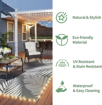 GENIMO Outdoor Rug 6' x 9' Waterproof for Patios Clearance, Reversible Outdoor Plastic Straw Camping Rug Carpet with LED String Light, Area Rugs Mats for RV, Camper, Deck, Balcony, Porch, Grey&White