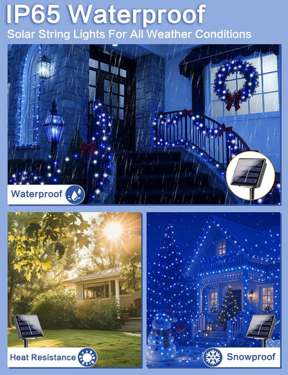 2 Pack Blue and White Solar String Lights Outdoor, 80FT 200 LED Waterproof Silver Wire Fairy Light, 8 Modes Solar Twinkle Light for Christmas Wedding New Year Independence Day Patio Fence Tree Decor