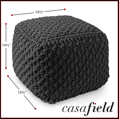 Casafield Square Pouf Ottoman, Black - 18.5" W x 18.5" D x 14.5" H Cotton Knit Foot Stool - Boho Floor Pouffe for Living Room, Bedroom, Home Office