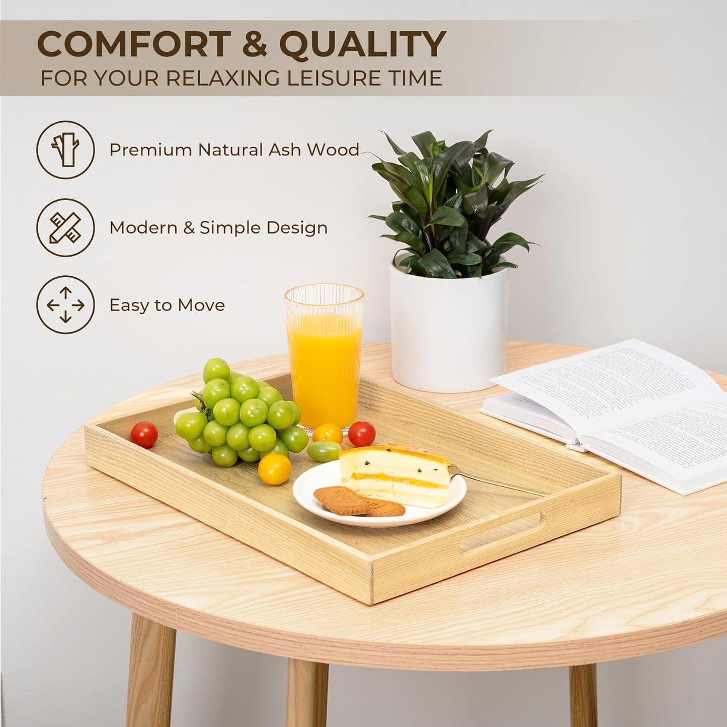 Axeman Wooden Serving Tray with Wood Handles|Ottoman Tray for Breakfast, Bed, Couch|17x12in Ash Wood Coffee Table Trays|Food Drinks Decorative Storage Boards for Ottoman Kitchen, Natural