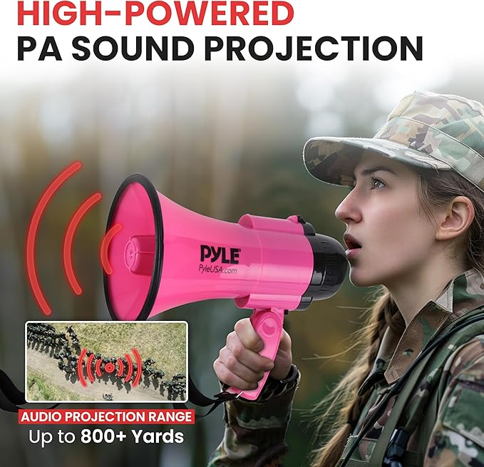 PYLE Portable Megaphone Speaker Siren Bullhorn - Compact and Battery Operated with 30 Watt Power, Microphone, 2 Modes, PA Sound and Foldable Handle for Cheerleading and Police Use PMP34PK