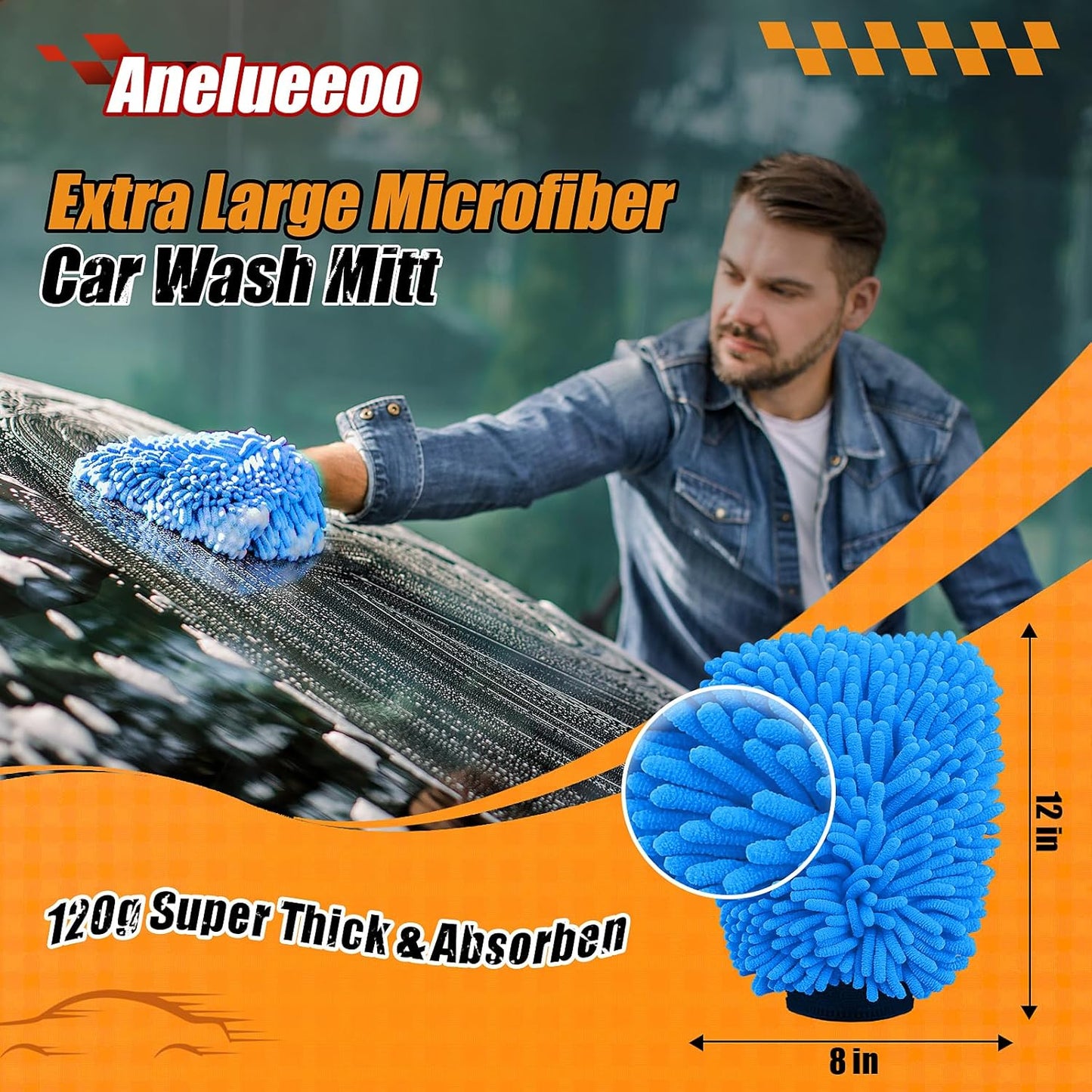 Car Wash Mitt Microfiber, Premium Chenille Microfiber Wash Car Mitts Sponge Scratch Free & Lint-Free, Mitts Waterproof Lining 4 Pack Blue (8''X12'')