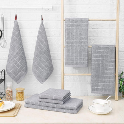 Homaxy 100% Cotton Terry Kitchen Towels(Light Grey, 13 x 28 inches), Checkered Designed, Soft and Super Absorbent Dish Towels, 12 Pack