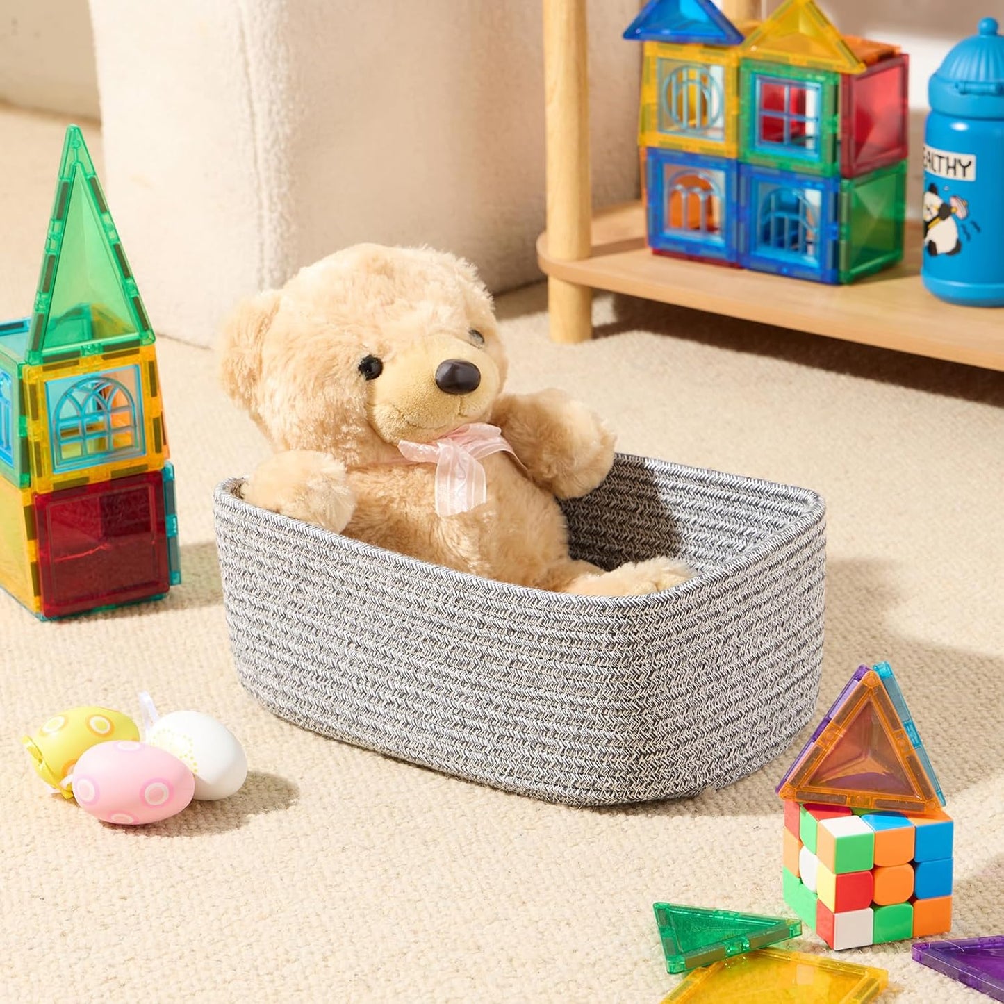 Small Storage Baskets for Organizing | Closet Organizer Bins | Shelf Toy Basket | Woven Rope Baskets | Cube Decorative Box | Shallow Basket | 11.5x7.5x4.7” | 3 Packs Mixed Grey