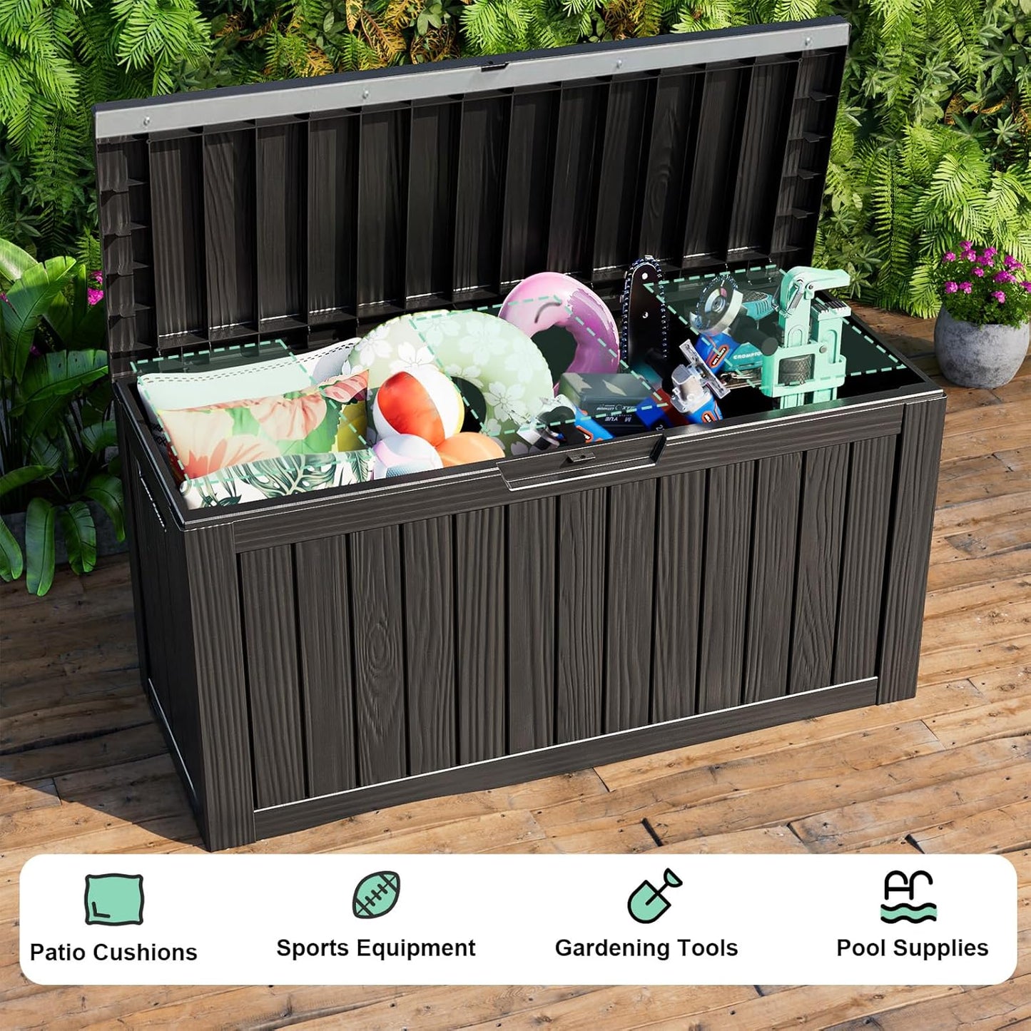 Vixzen 80 Gallon Resin Deck Box, Lockable Outdoor Storage Box for Patio Cushions Storage Furniture,Garden Tools, Pool Supplies, Weatherproof and UV Resistant,Black