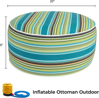FUNHOME Inflatable Outdoor Ottoman with Air Pump,20"x9" Portable Patio Pouf,Water Resistant,Fade-Resistant,Round Blow Up Footrest Stools for Home Garden Camping Travel(Green Stripe)